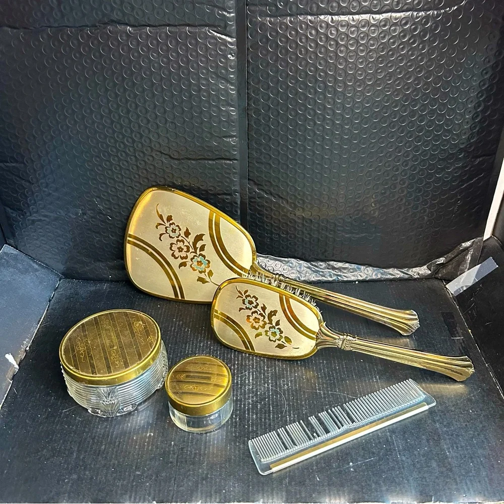 Vintage Vanity 5pc Dressing Table Set Mirror Brush Comb 2 Jars: Gold, Floral